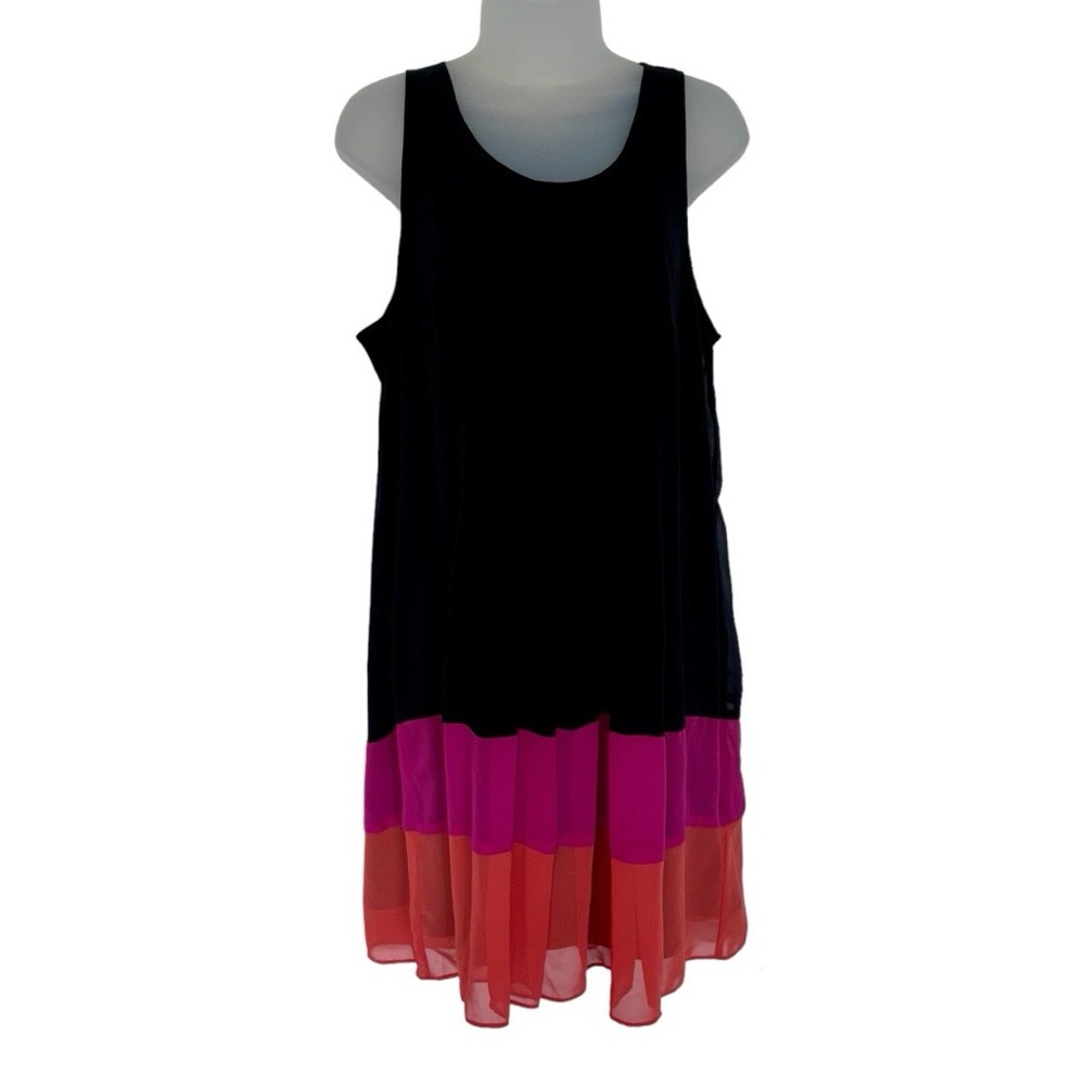 APT 9 Black Pink Orange Color Block Chiffon Dress L Office Work Business